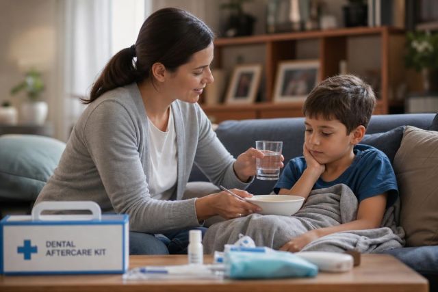 Parent comforting child on sofa after dental treatment, offering water and aftercare supplies.