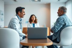 Doctor and patient consultation in a modern medical office. A male doctor in a white coat discusses health concerns with an older man, with a female healthcare professional in the background.