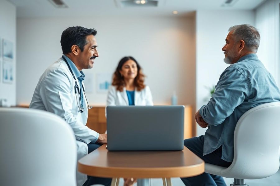 Doctor and patient consultation in a modern medical office. A male doctor in a white coat discusses health concerns with an older man, with a female healthcare professional in the background.