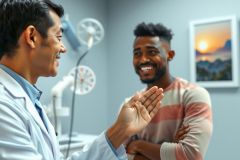 Doctor in a white coat interacts with a patient in a modern medical office. Friendly consultation, healthcare professional, patient care, medical exam, and health services are depicted in this image.