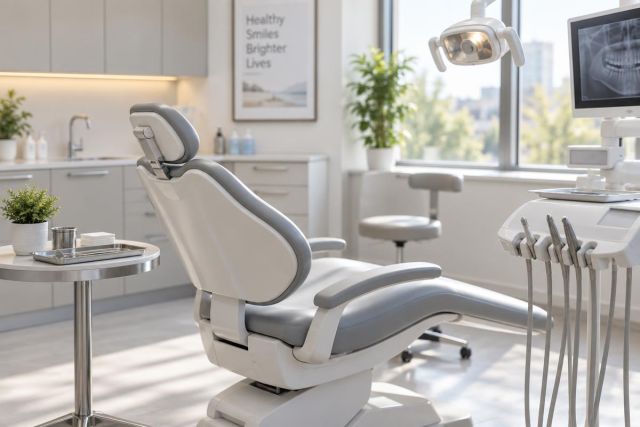 Modern dental operatory with empty patient chair, instruments, and dental X-ray monitor.