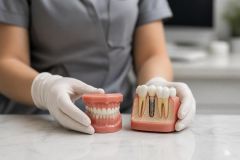 Dentist in gloves presents dental models and an implant cross-section on a clean countertop.