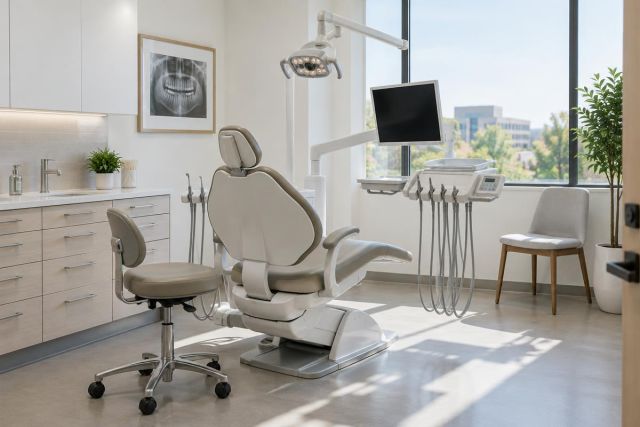 Modern dental operatory with treatment chair, dental instruments, x-ray, monitor, natural window light.