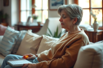 The image depicts an older woman sitting comfortably on a couch. She is wearing a beige long-sleeved shirt and appears to be engaged in some activity, perhaps writing or reading from a book or notebook that she holds.