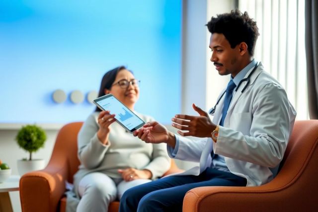 Doctor consults with a patient in a modern office setting. The physician, wearing a white coat, is gesturing while showing something on a tablet. Warm, inviting colors create a comfortable atmosphere.