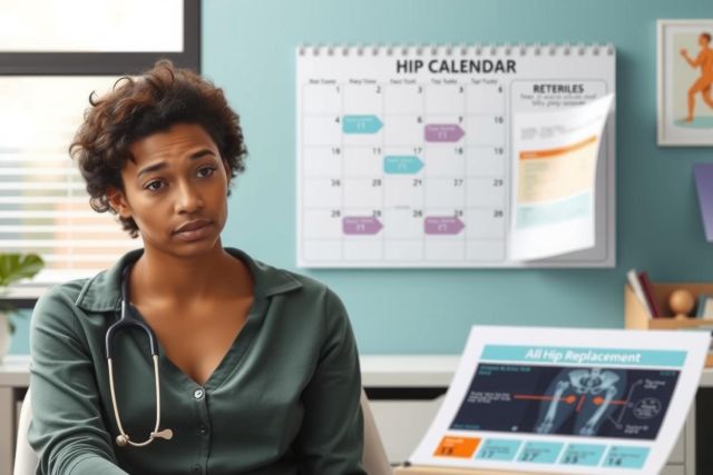 The image shows a woman in a professional setting, possibly a doctor's office. She is wearing a green shirt, has a stethoscope around her neck, and appears to be sitting at a desk with various papers or documents in front of her.