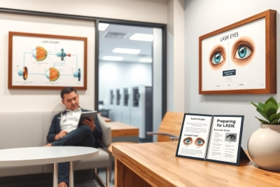 The image depicts a modern office setting with a man sitting at a table, engrossed in his work on a laptop. The room is well-lit and decorated with various informational posters about eye care and vision technology, indicating a focus on visual health. The color scheme is warm, featuring shades of brown and beige that create a comfortable and inviting atmosphere.