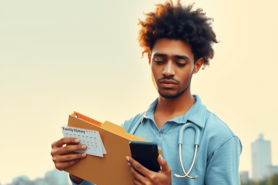 A young man with curly hair is holding a clipboard and reading from it while looking down at his smartphone. He is dressed in a light blue shirt and stands outdoors during the daytime with the cityscape behind him.