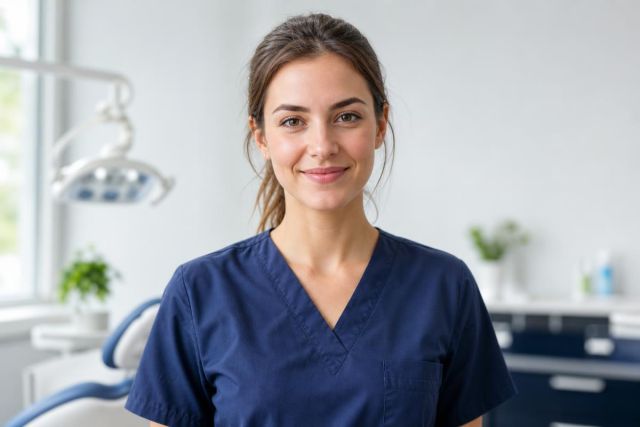 Smiling female dentist in navy scrubs standing in a bright, calm dental clinic treatment room.