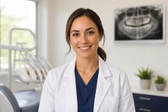 Smiling dentist in clinic with dental chair and X-ray, conveying professional trustworthy care.