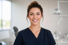 Smiling dental clinician in navy scrubs inside a bright dental operatory, professional consultation tone.