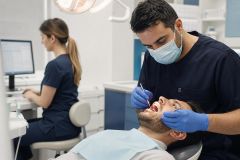 Dentist examining patient's mouth in modern clinic, assistant working on computer in background.