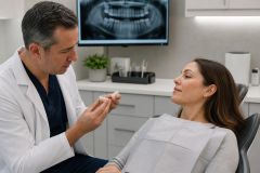 Dentist explaining a dental crown or veneer to relaxed patient in modern clinic setting.