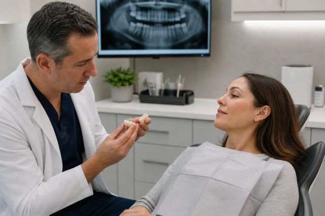 Dentist explaining a dental crown or veneer to relaxed patient in modern clinic setting.