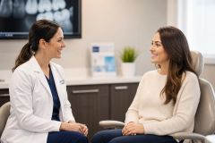 Dentist consulting a smiling patient in a modern dental operatory about post-treatment adjustments.