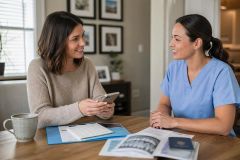 Patient consulting with dental professional at table, discussing documents, calendar, and travel paperwork.