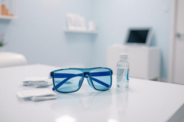 Blue light glasses and contact lens solution on a white table in a bright, modern eye doctor's office. Focus on eyewear and eye care products, with a clean, blue and white aesthetic.  Vision health and eye protection theme.