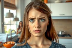 Image of a woman looking at the camera with surprised eyes in a domestic kitchen setting. She has red hair, is wearing a casual outfit, and the background shows some home appliances.