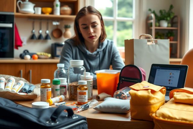 In the image, a woman is seated at a kitchen counter, surrounded by an array of items. She appears to be engaged in packing or organizing her belongings, possibly for travel. 
