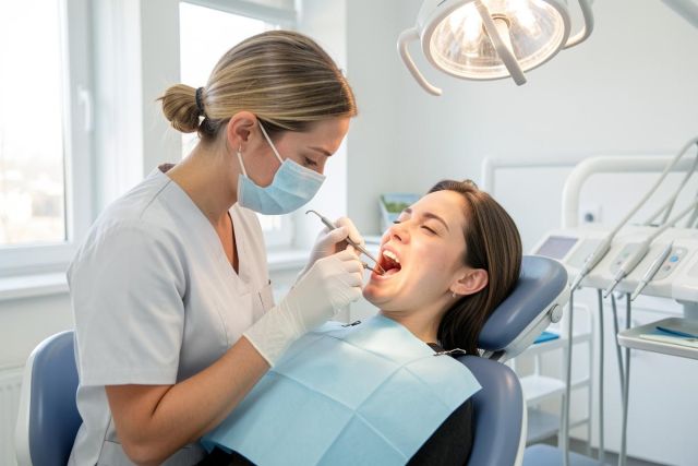 Dentist examines a reclining patient's open mouth during a dental checkup in a bright clinical operatory.