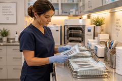 Dental assistant in scrubs inspecting sealed instrument packs in a clean sterilization area.