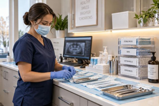 Dental assistant preparing sterilized trays and instruments in a bright clinic consultation room.