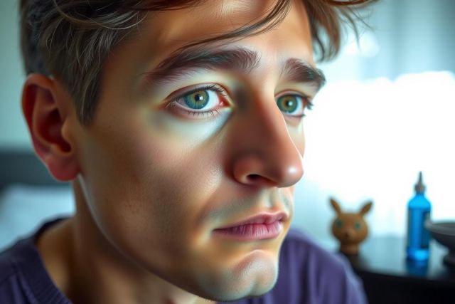The image features a person in what appears to be a bedroom setting. The individual has light-colored hair and is looking directly at the camera with a neutral expression on their face. There are some personal items visible in the background, including a stuffed animal and a bottle of medicine, suggesting that this might be a casual, intimate scene or recording.
