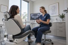 Dentist consulting patient in modern operatory, discussing dental x‑ray and veneer adjustments.