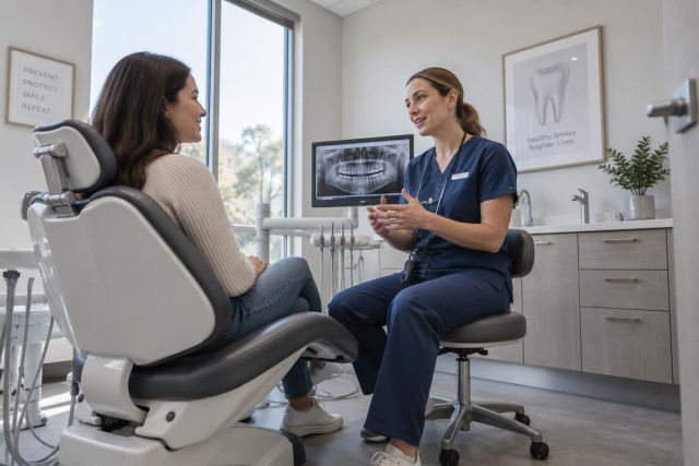 Dentist consulting patient in modern operatory, discussing dental x‑ray and veneer adjustments.