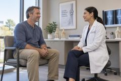 Orthopedic surgeon consulting a male patient in exam room with knee X-rays and models.