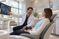 Dentist in clinic reviewing dental X-ray with relaxed patient in modern treatment room.