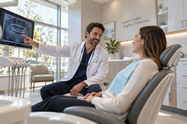 Dentist in clinic reviewing dental X-ray with relaxed patient in modern treatment room.