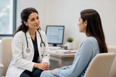 Doctor consulting patient in a clinic office, calm professional setting for lung evaluation.