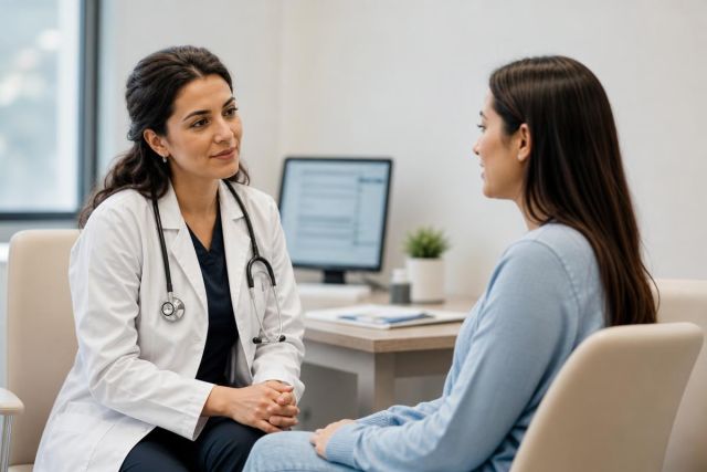 Doctor consulting patient in a clinic office, calm professional setting for lung evaluation.