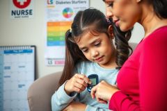 A moment between a mother and daughter, as the mother shows the daughter a device. The mother's hand gently traces the child's hand over the device.