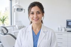 Smiling female dentist in clinic foreground with dental chair, overhead lamp, and x-ray screen.