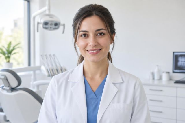 Smiling female dentist in clinic foreground with dental chair, overhead lamp, and x-ray screen.