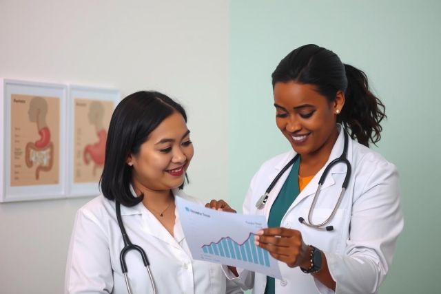 Two doctors in white coats examine a chart in a medical office setting. The scene highlights healthcare professionals reviewing patient data in a clinical environment, featuring a green wall and medical diagrams.