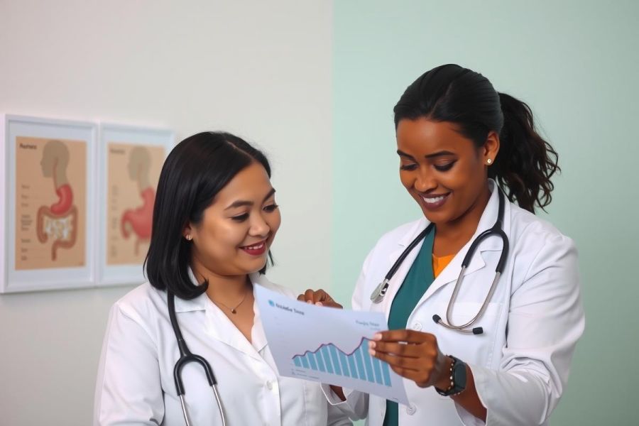 Two doctors in white coats examine a chart in a medical office setting. The scene highlights healthcare professionals reviewing patient data in a clinical environment, featuring a green wall and medical diagrams.