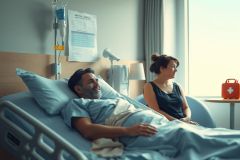 A man is lying in a hospital bed, appearing weak or recovering from an illness. A woman sits beside him, her hand on his arm, offering support and comfort during his convalescence.