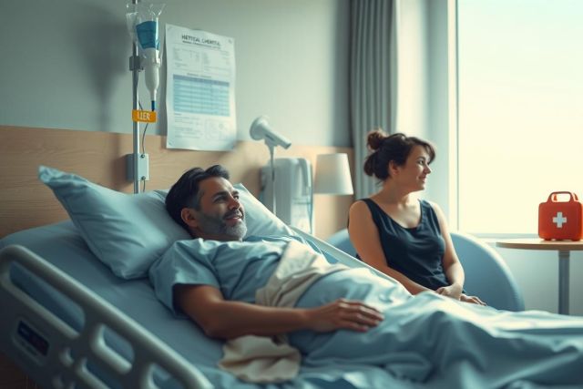 A man is lying in a hospital bed, appearing weak or recovering from an illness. A woman sits beside him, her hand on his arm, offering support and comfort during his convalescence.