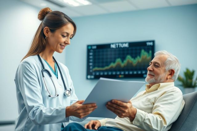 Healthcare scene: A female doctor in a white coat examines papers with an elderly patient in a modern clinic. Blue walls and a graph on a screen suggest medical analysis and patient care. Focus on senior health, doctor-patient relationship, and medical consultation.