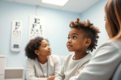 A young Black child sits with a parent and an eye doctor in a bright blue exam room. An eye chart is visible in the background. The image depicts a pediatric eye exam, healthcare, and family well-being.