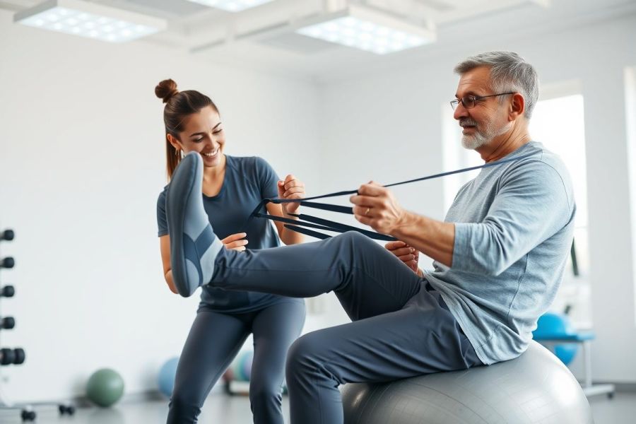 Physical therapy session: A therapist assists an older man with leg exercises using resistance bands while seated on a stability ball in a bright, modern clinic. Focus on rehabilitation, fitness, and senior health.