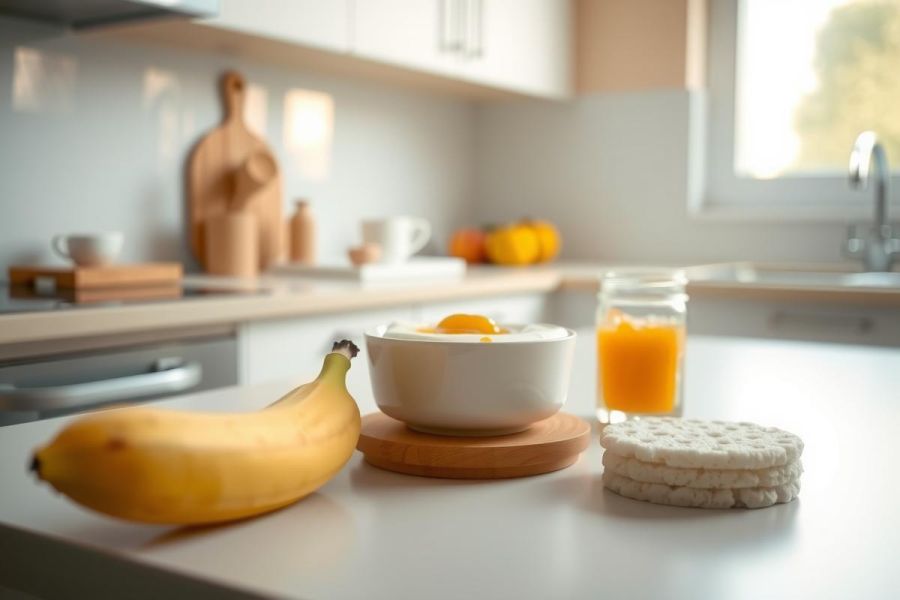 Healthy breakfast setup with banana, yogurt in a bowl, and orange juice on a kitchen counter. Bright, natural light highlights the fresh ingredients. A simple, wholesome morning meal.
