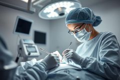 Surgeon performing surgery in a sterile operating room. The image shows a medical professional in surgical scrubs, mask, and cap, focused on a procedure under bright surgical lights. Monitors and medical equipment are visible in the background, creating a clinical and professional healthcare setting. Blue and white tones dominate the scene.