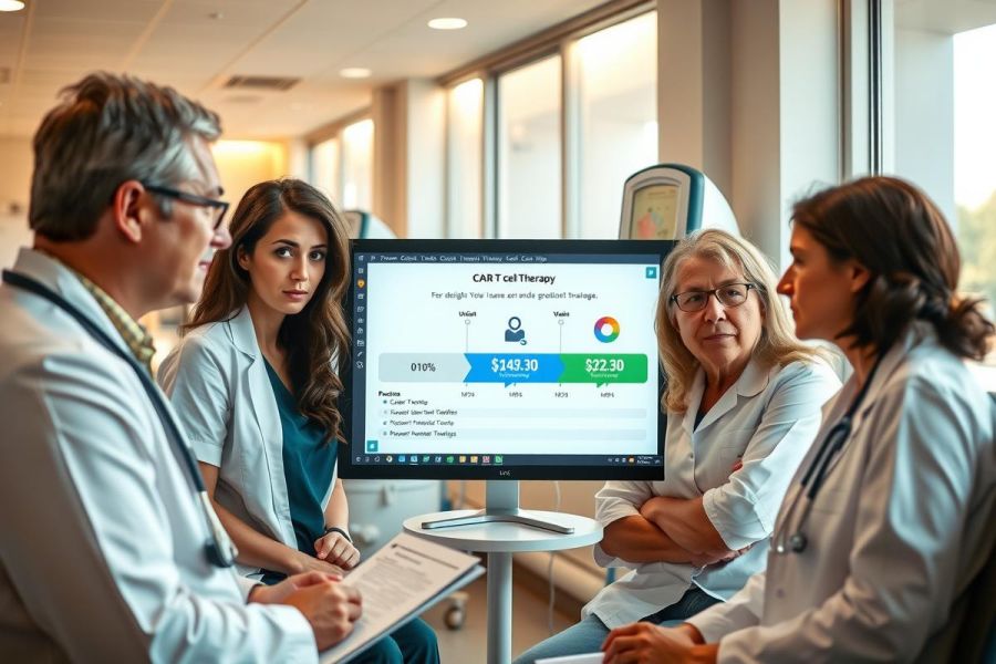 Medical team discussing patient data on a computer screen in a hospital setting. Doctors in white coats reviewing diagnostics, representing healthcare professionals and clinical review.