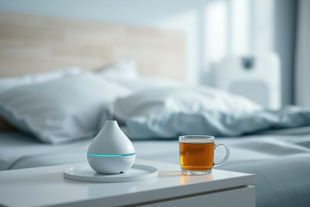Relaxing bedroom scene featuring an ultrasonic diffuser releasing mist and a cup of tea on a white nightstand. Soft blue and white tones create a calming atmosphere, perfect for aromatherapy and wellness. Cozy and peaceful interior design.