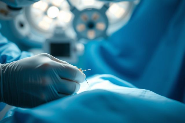 Surgical scene featuring a gloved hand holding a needle under bright operating room lights. Blue tones dominate the sterile medical environment, depicting a close-up view of a surgical procedure. Healthcare, surgery, medical equipment.