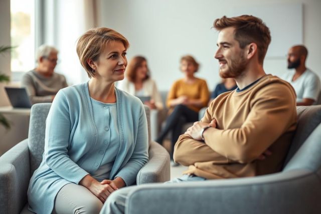 Group therapy session. A woman in blue and a man in brown are engaged in conversation within a bright, modern room. Several other people are present in the background, suggesting a support group or counseling setting. Focus on connection and mental wellness.